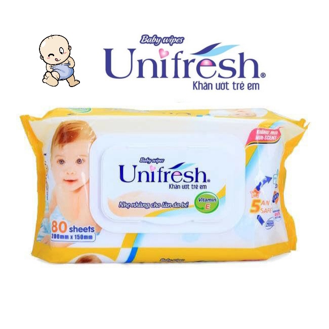 Combo 6 gói Khăn Ướt Unifresh Không Mùi 80 tờ Vitamin E và Nha Đam