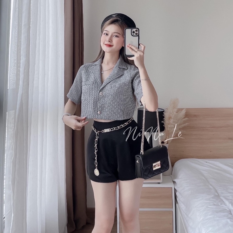 Bộ áo dạ crop cổ vest kèm short tac ta cạp cao shop nina le