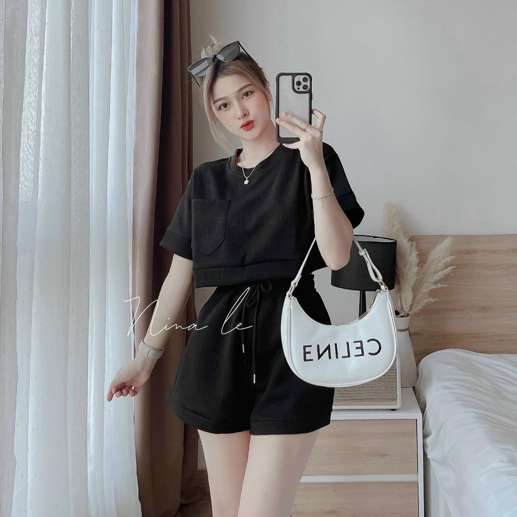 (Sale FreeShip) Sét bộ dạ chữ nổi,bộ đùi nữ from croptop  có túi,3 màu dễ mặc