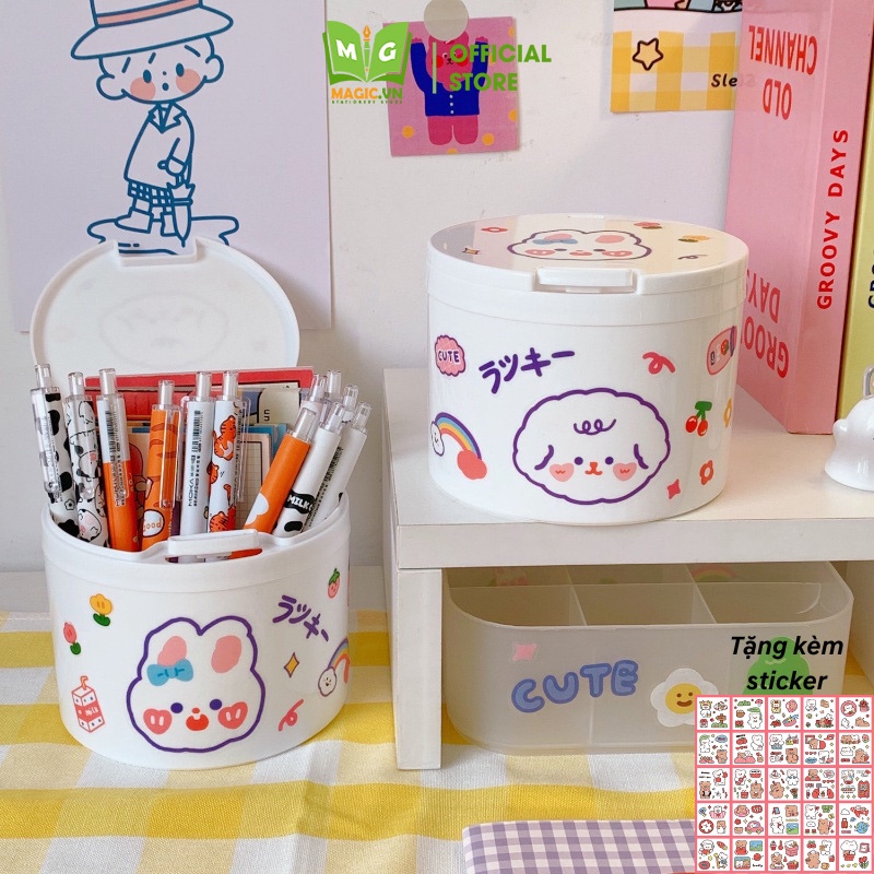 Thùng Rác Mini Để Bàn Decor Bàn Học, Bàn Làm Việc MAGIC Hộp Nhựa Đựng Bút Đựng Đồ, Trang Sức Phụ Kiện Có Nắp Đậy Cute H1