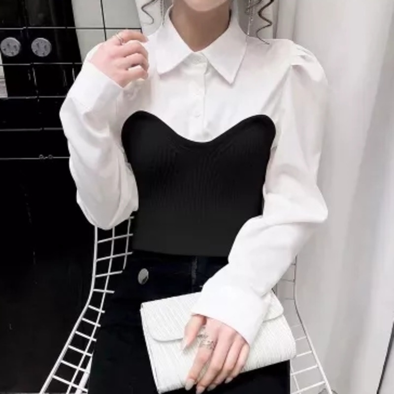 Áo Sơ Mi Giả Hai Lớp Tay Dài Màu Sắc Tương Phản Phong Cách Hàn Quốc