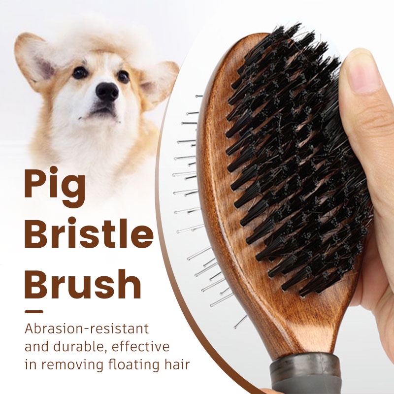 HamshMoc Lược Chải Lông Thú Cưng Hai Mặt Với Tay Cầm Bằng Gỗ Tiện Lợi