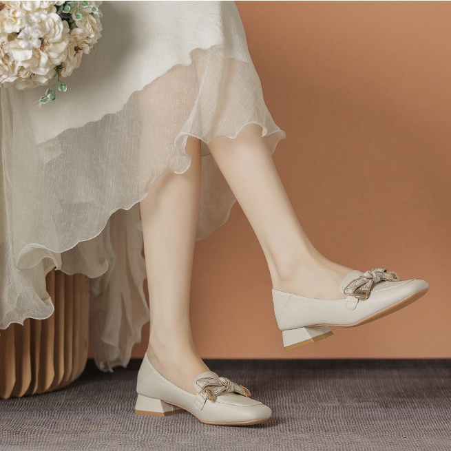 Giày Búp Bê Da Mũi Vuông Đính Nơ Phong Cách Hàn Quốc