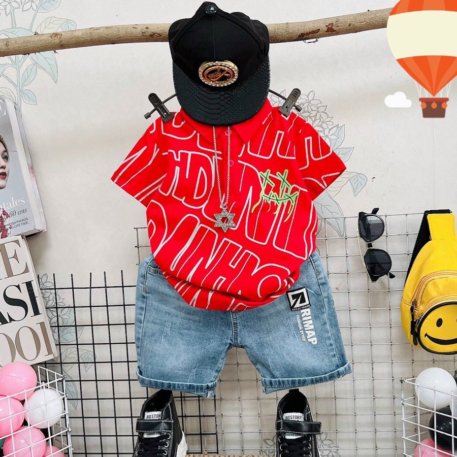 Đồ bộ bé trai, bộ jean cổ trụ Rimap cool ngầu cho bé trai từ 15 đến 55 kg