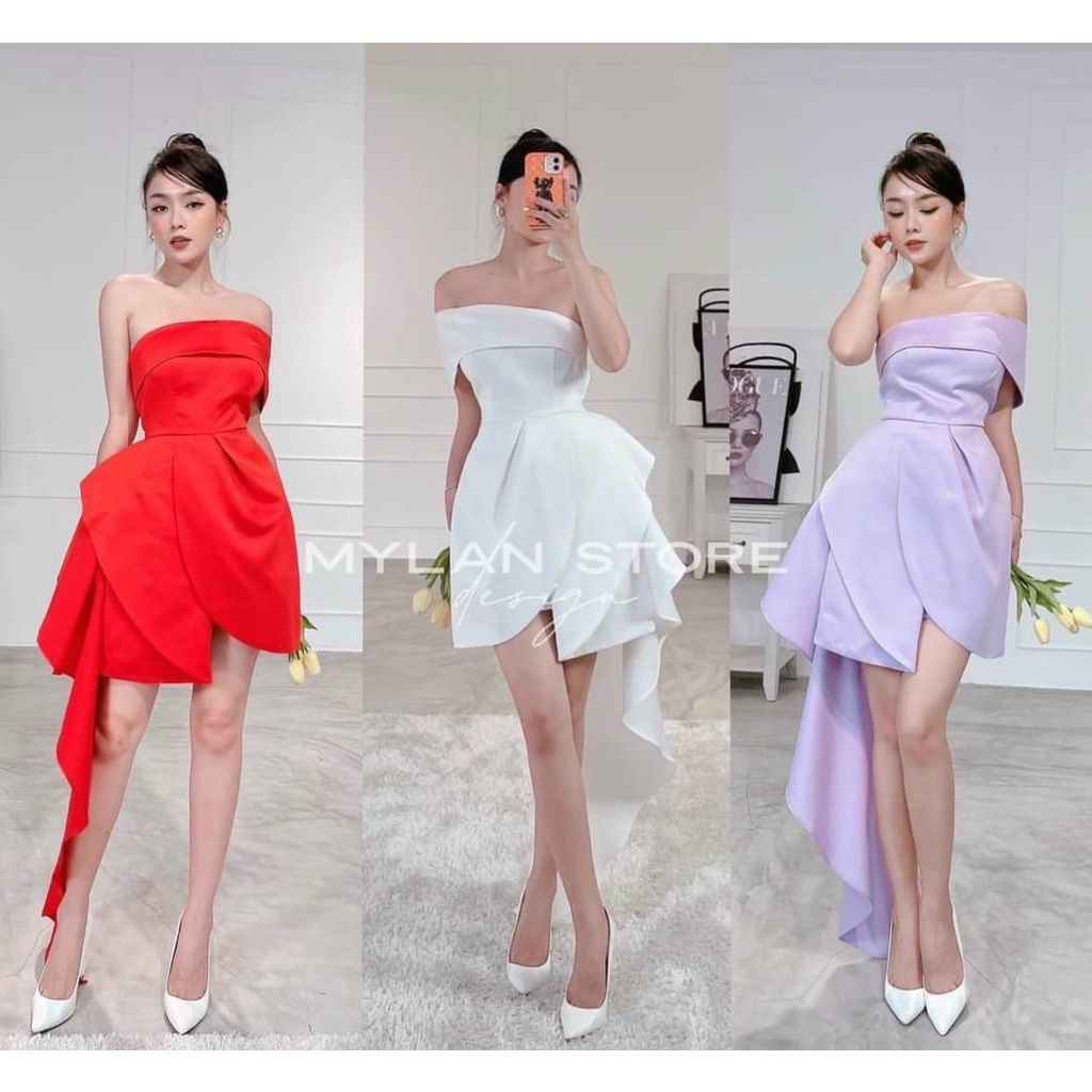 Đầm nữ thời trang mặc đi chơi chất tapta lệch vai cúp ngực cót mút váy phối chéo tà có lót trong cao cấp