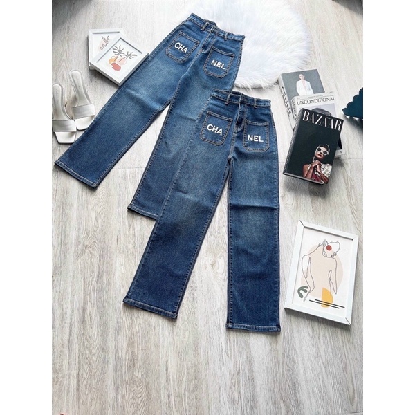 Quần jean ống suông túi phối chữ CHÀ lEO ảnh thật 100%