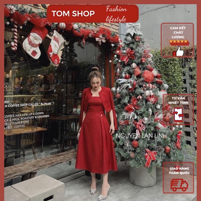 Set nữ váy 2 dây dáng xoè kèm áo khoác dạ 2 lớp đỏ trắng