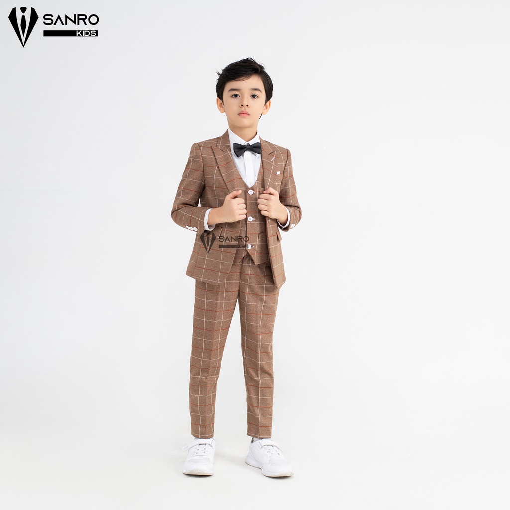 Bộ vest bé trai SANRO KIDS màu nâu kẻ ô vuông cao cấp