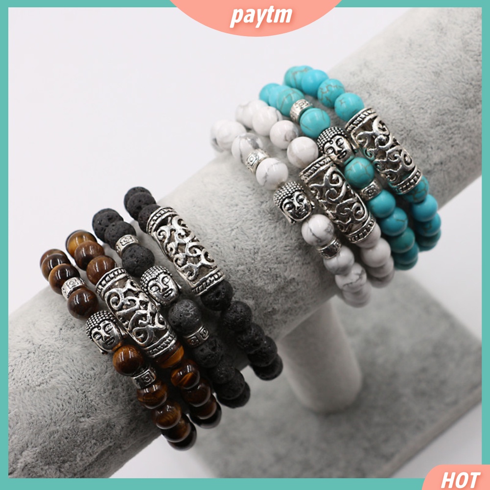 (PTM) Fashion 2Pcs Natural Stone Yoga Jewelry Unisex Buddha Head Beads Bracelets Set