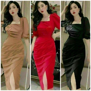 Đầm body tay bèo xẻ trước hàng thiết kế sang trọng TẶNG KÈM HOA TAI THỜI TRANG