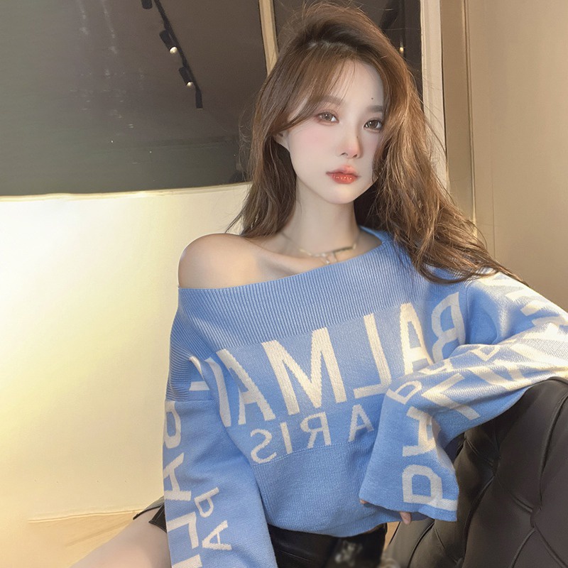 Áo Sweater Dệt Kim Dáng Rộng In Chữ Phong Cách Hàn Quốc Cho Nữ