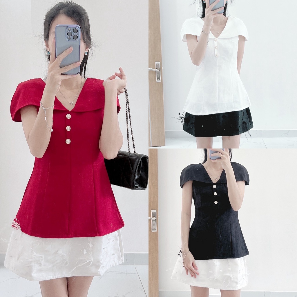 Áo peplum cổ V tay búp phối nút