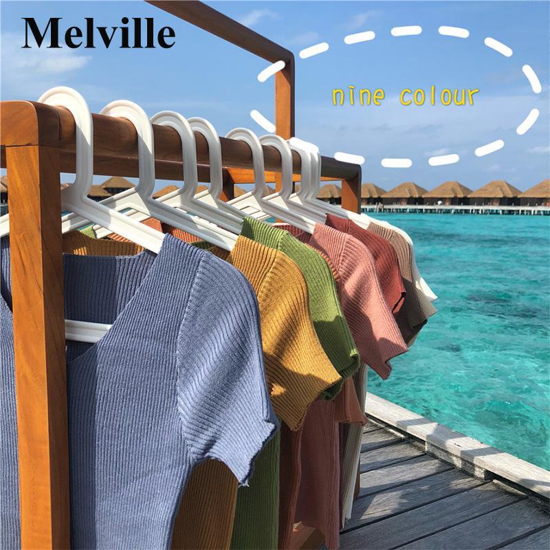 MELVILLE Áo thun gân tăm nữ ngắn tay cổ tim có Bigsize, áo thun cổ chữ V