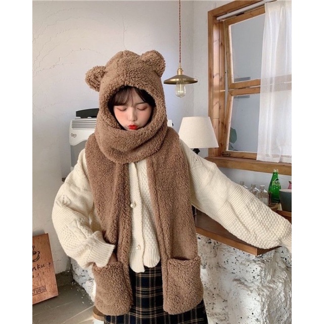 Mũ Lông Cừu, mũ len Tai Gấu trùm đầu Kèm Khăn Choàng Găng Tay Thời Trang Thu Đông Cho Nữ