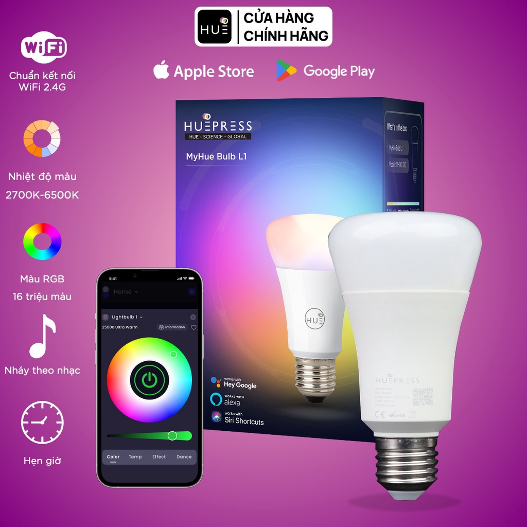 Bóng đèn LED tròn thông minh HuePress Bulb 9W Wifi control, 16 triệu màu, dải màu trắng ấm - vàng lạnh