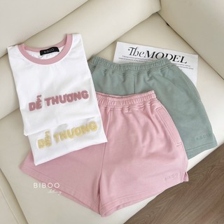 Biboo - set áo thun tay ngắn thêu chữ dễ thương và quần short thun năng động