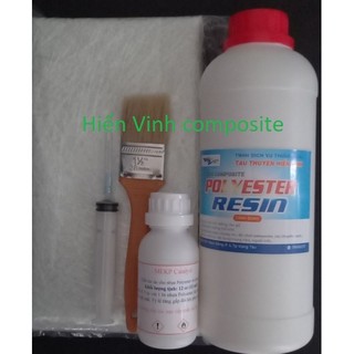 Combo 1kg keo composite, 0,5 kg sợi thủy tinh, xúc tác, xi lanh, cọ tay, chất chống rít mặt