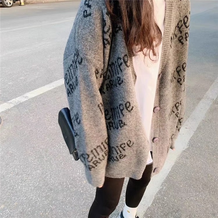 Áo khoác len cardigan nữ form dáng rộng dày dặn tay dài họa tiết chữ dệt kim phong cách Ulzzang Hàn Quốc trẻ trung