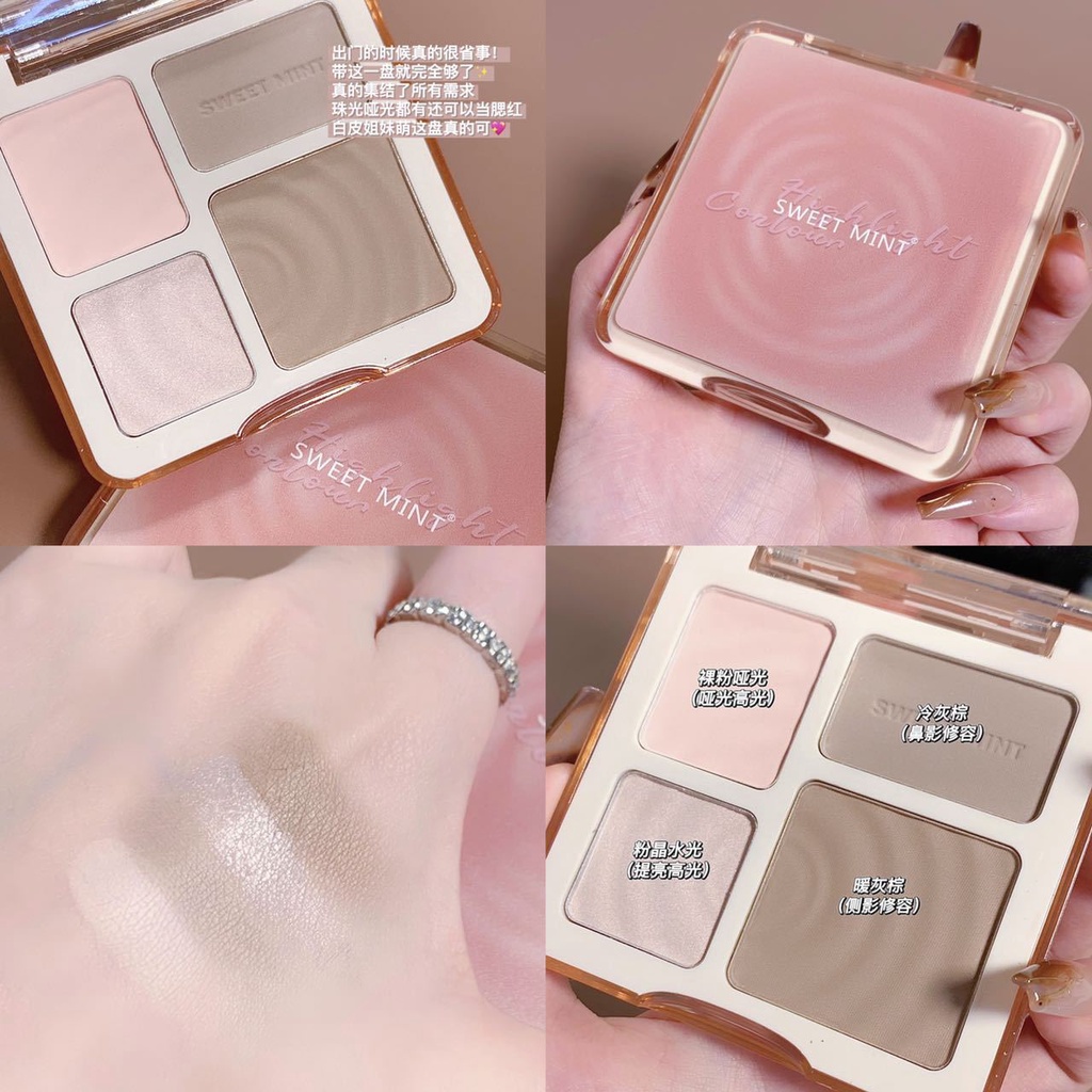 Bảng Phấn Bắt Sáng / Tạo Khối  Má Hồng 4 màu Hiệu Ứng Lì 3D Độ Bóng Cao sweet mint Shimmer Highlighter P61