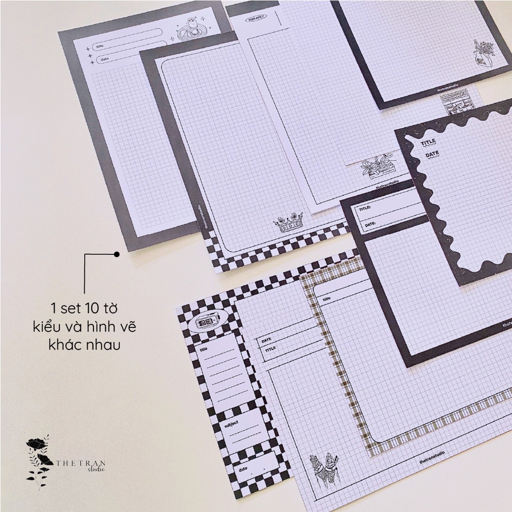 Bộ 10 tờ giấy ghi chép kẻ caro - A4, B5, A5, A6 - dọc, ngang trắng đen / silent world notepad / thetranstudio