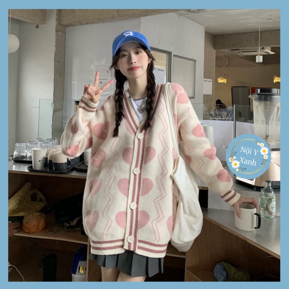 áo khoác cardigan len dáng cao hoa văn con tim hồng kì khôi tươi tắn A62 Nội Y Xanh hot trend thu đông ấm áp