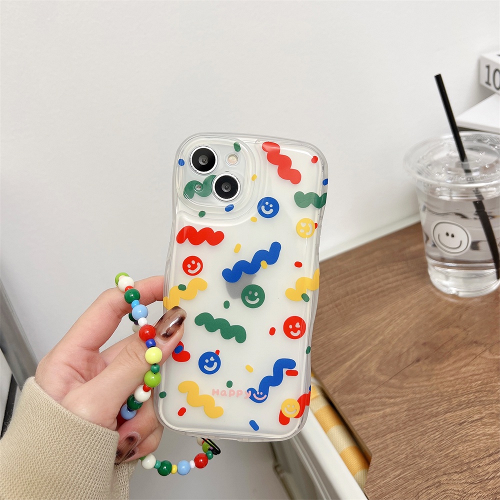 Ốp Điện Thoại Tpu Silicon Mềm Hình Mặt Cười Hoạt Hình Màu Trong Suốt Gắn Dây Đeo Cổ Tay iPhone 14 13 12 11 Pro Max 14 Plus