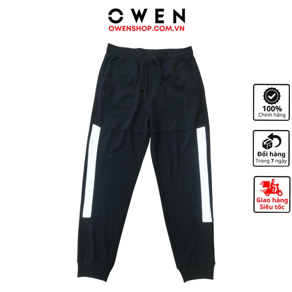 Quần thun thu đông nam OWEN JG23288 jogger thể thao màu đen phối trắng dáng suông nhẹ cạp chun bo gấu vải visco cao cấp