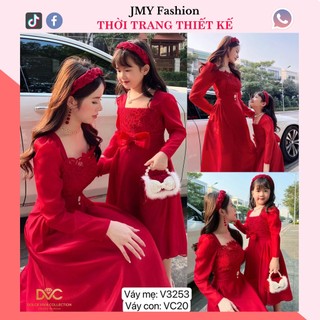 V3253, VC20 Set váy mẹ và bé gái dáng xoè đỏ cổ vuông [DVC&ACC] váy đỏ tơ phối ren tiểu thư