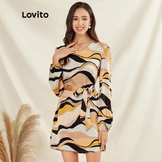 Đầm Lovito Tay Dài Cổ Chữ V In Họa Tiết Trừu Tượng Phối Thắt Lưng L31AD064 (Muticolor)