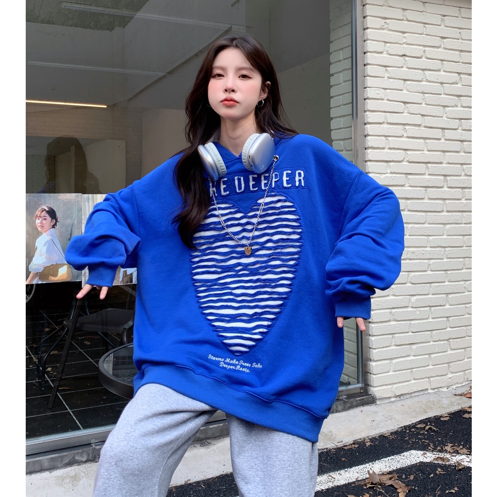 Áo Hoodie Dáng Rộng Thêu Chữ Khoét Lỗ Trái Tim Thời Trang Mùa Thu Mới Cho Nữ