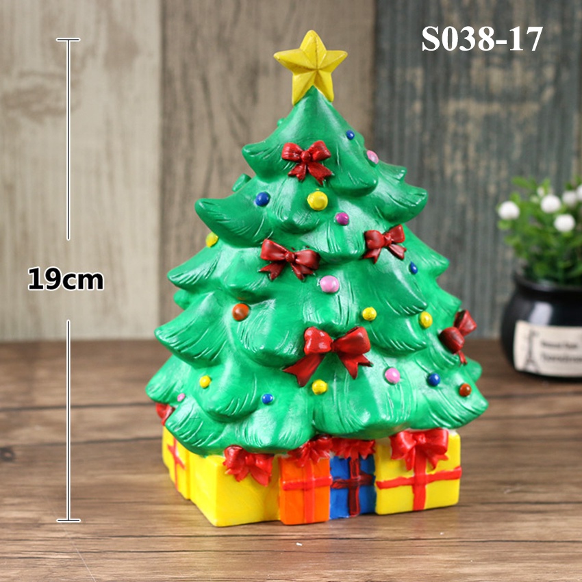 Tượng nhựa tô màu giáng sinh : ông già noel, cây thông, người tuyết, tuần lộc có nắp nhựa làm ống heo