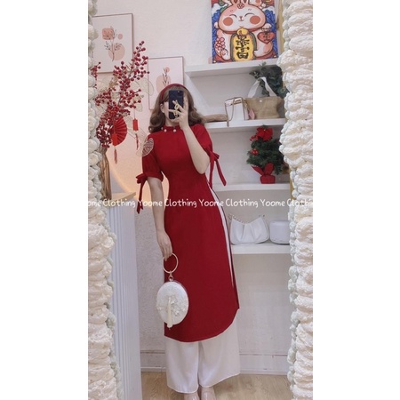 Set áo dài đỏ phối nút cổ cột tay nơ siêu xinh-pl51