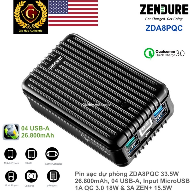 Pin sạc dự phòng ZENDURE ZDA8PQC 26800mAh 33.5W 04 USB-A Màn hình Led hiển thị dung lượng pin