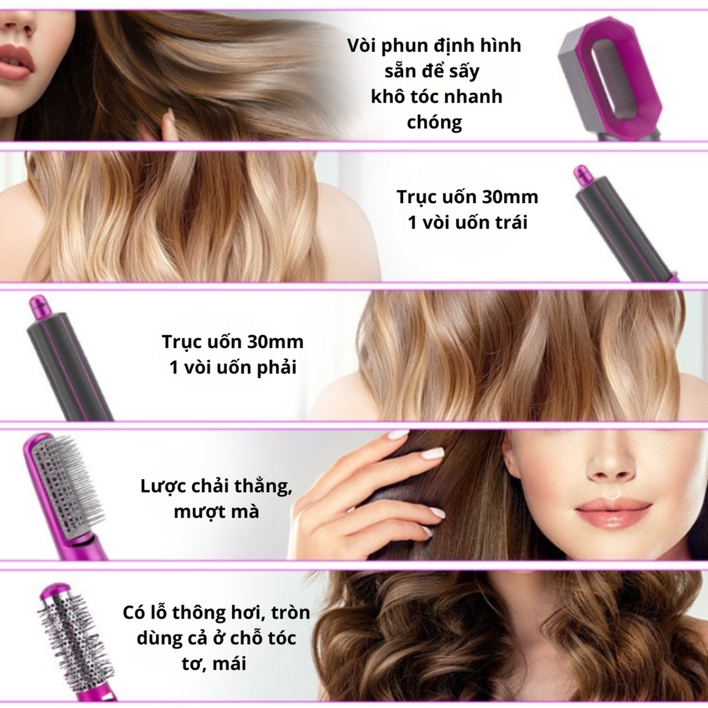 Máy Uốn Tóc Tạo Kiểu Đa Năng 5 Trong 1, Máy Tạo Kiểu Tóc Đa Năng Bằng Gốm Sử Dụng Gió Không Làm Khô Tóc Chuẩn Salon