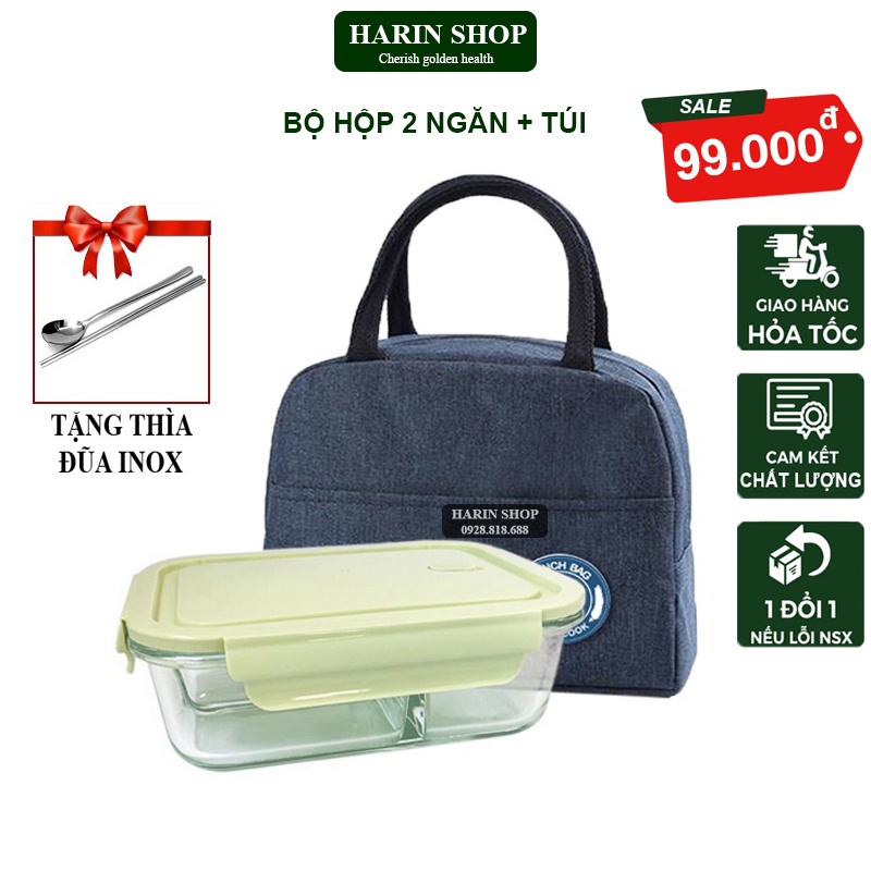 Bộ Hộp Cơm Thủy Tinh Chia 2 Ngăn 1000ml Kèm Túi Đựng Giữ Nhiệt Cao Cấp, Tiện Lợi