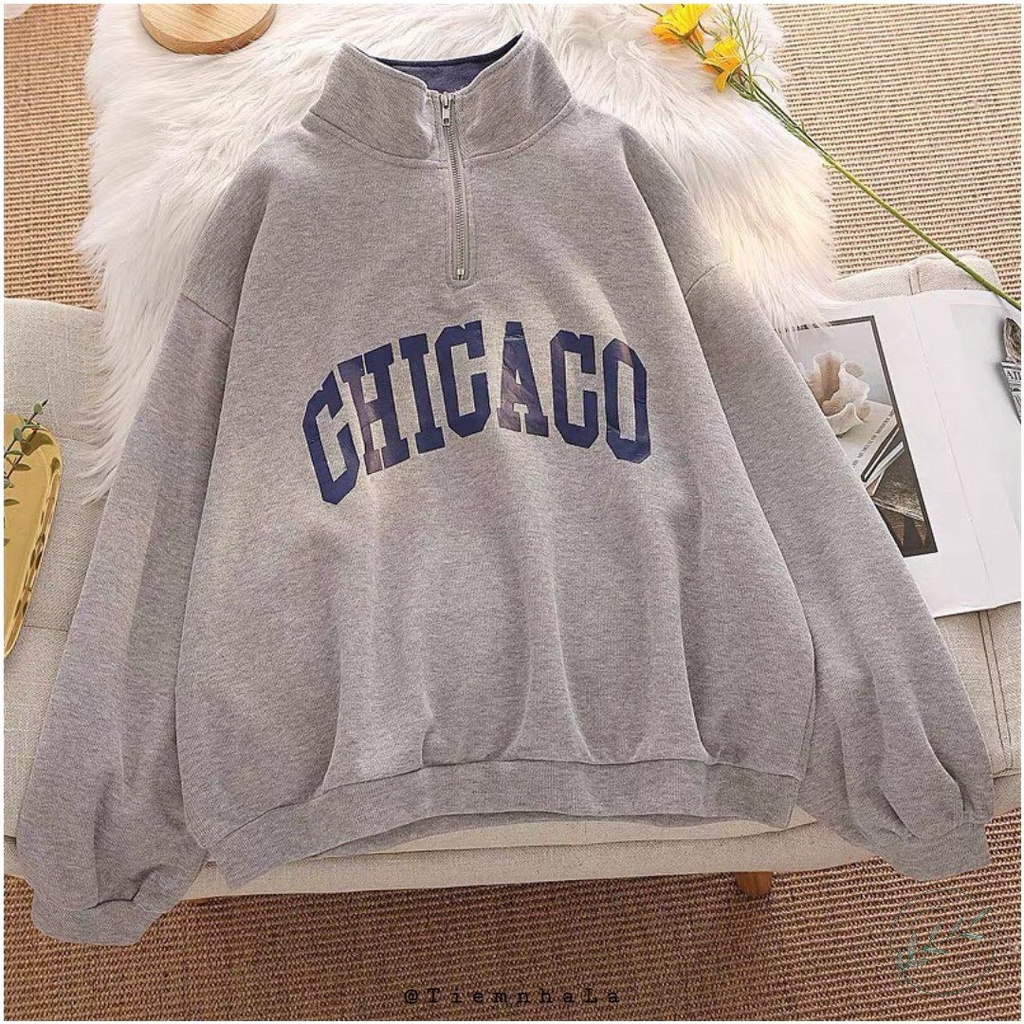 Áo Polo Nam/Nữ Sweater khoá cổ CHICAGO Unisex Tay Dài Form Rộng In Chữ Phối Màu Cổ Vải Nỉ Bông