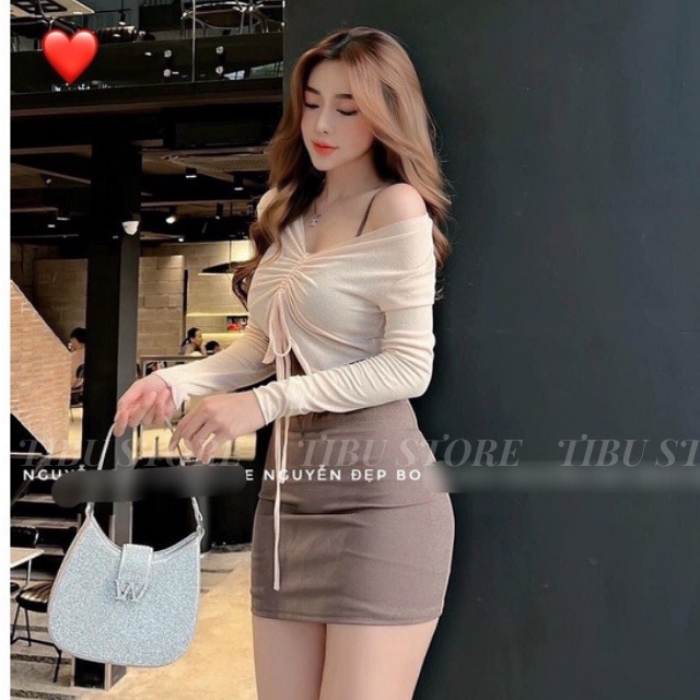 Đầm body ngắn phối khóac tay dài cánh nơ TIBU, Váy ôm dáng sexy mặc đi chơi, dự tiệc siêu xinh, tôn dáng cực đỉnh