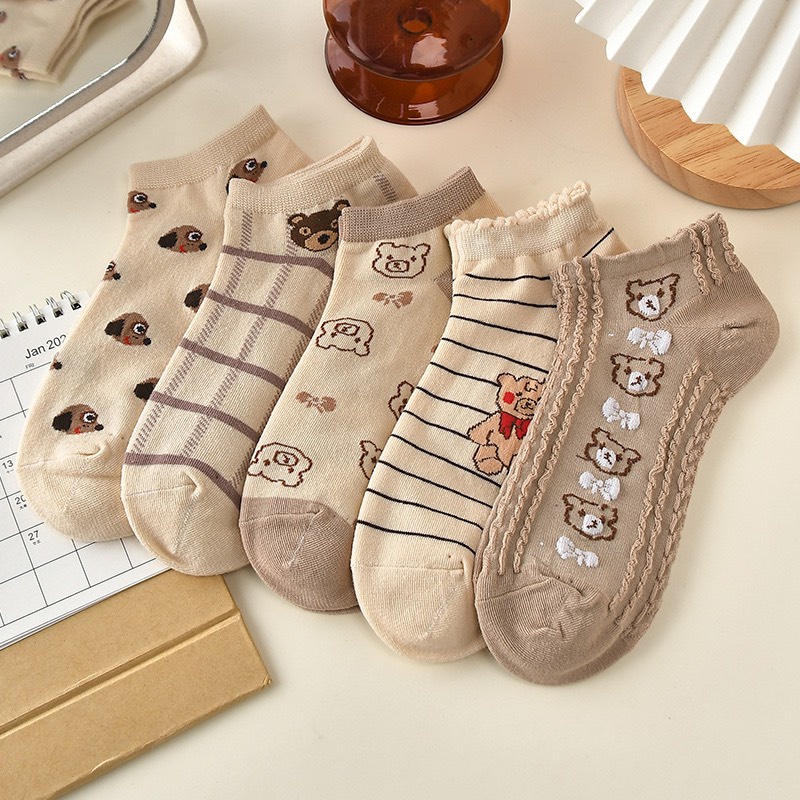 Tất, vớ nữ cổ ngắn họa tiết gấu nâu, vớ nữ chất liệu cotton co giãn 1 đôi