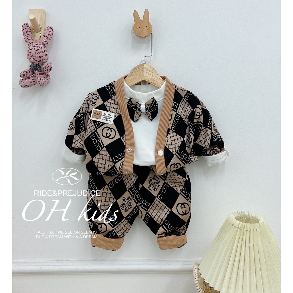 THANH LÝ - Set công tử 3 chi tiết phối nơ chất liệu da mỏng siêu đẹp cho bé 8-20kg