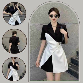 Đầm nữ cổ vest tay ngắn phối 2 màu thời trang dạo phố, công sở
