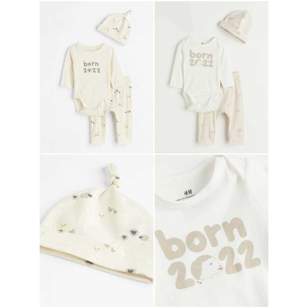 Set quần áo sơ sinh 3 chi tiết BORN 2022 cừu nhím HM H&M_hàng chính hãng authentic