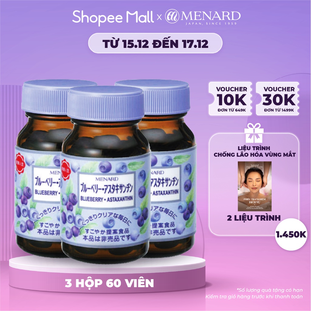 Combo 3 Hộp Viên Uống Menard Blueberry Astaxanthin Chống Oxy Hóa (3 hộp x 60 viên)