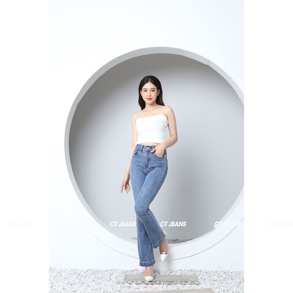 Quần jean ống loe màu xanh đá cạp cao co giãn gấu bản to CP04, CT JEANS