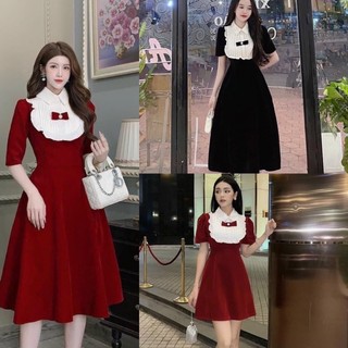 Váy thiết kế- Đầm nhung phối cổ viền bèo xếp ly cài nơ dáng dài và ngắn siêu hot