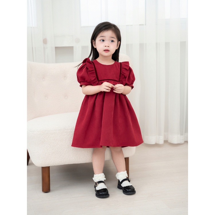 Váy Nhung Đỏ Carrot Cho Bé Gái, Viền Ngực Phối Ruy Băng, Chất Nhung Chéo Hàn