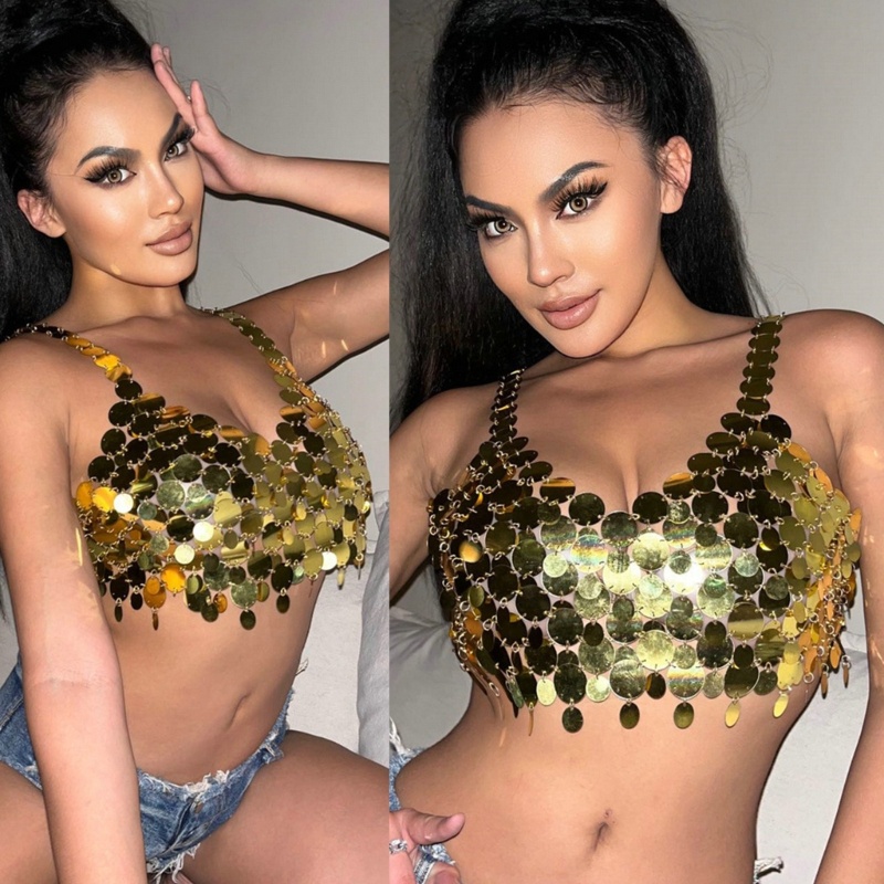 Áo Croptop Hai Dây Cổ Chữ V Đính Đồng Xu Kim Sa Lấp Lánh Gợi Cảm Cho Nữ