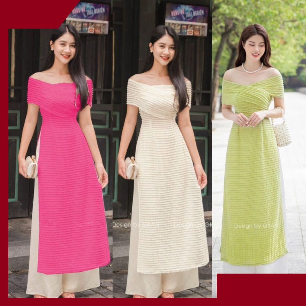 Set áo dài cách tân ren bẹt vai cao cấp, Áo dài may sẵn kiểu dáng hiện đại trẻ trung thiết kế đẹp