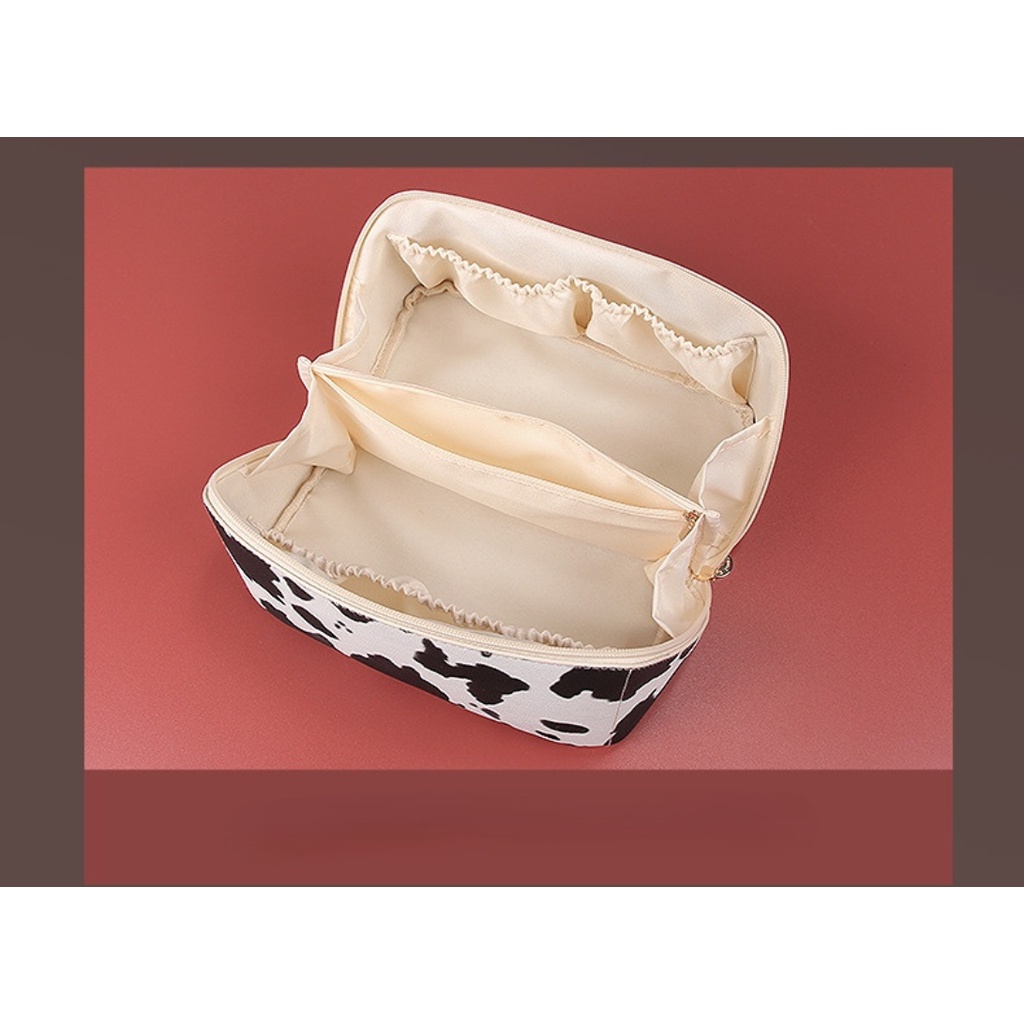 Túi Da PU Đựng Mỹ Phẩm Cỡ Lớn Chống Thấm Nước In Họa Tiết Bò Sữa Dễ Thương