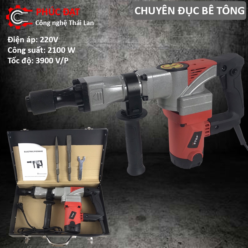 XH 0858 Máy đục phá bê tông chính hãng Etop công suất 2200w, vỏ sắt chịu lực tốt, chuyên đục tường và sàn bê tông