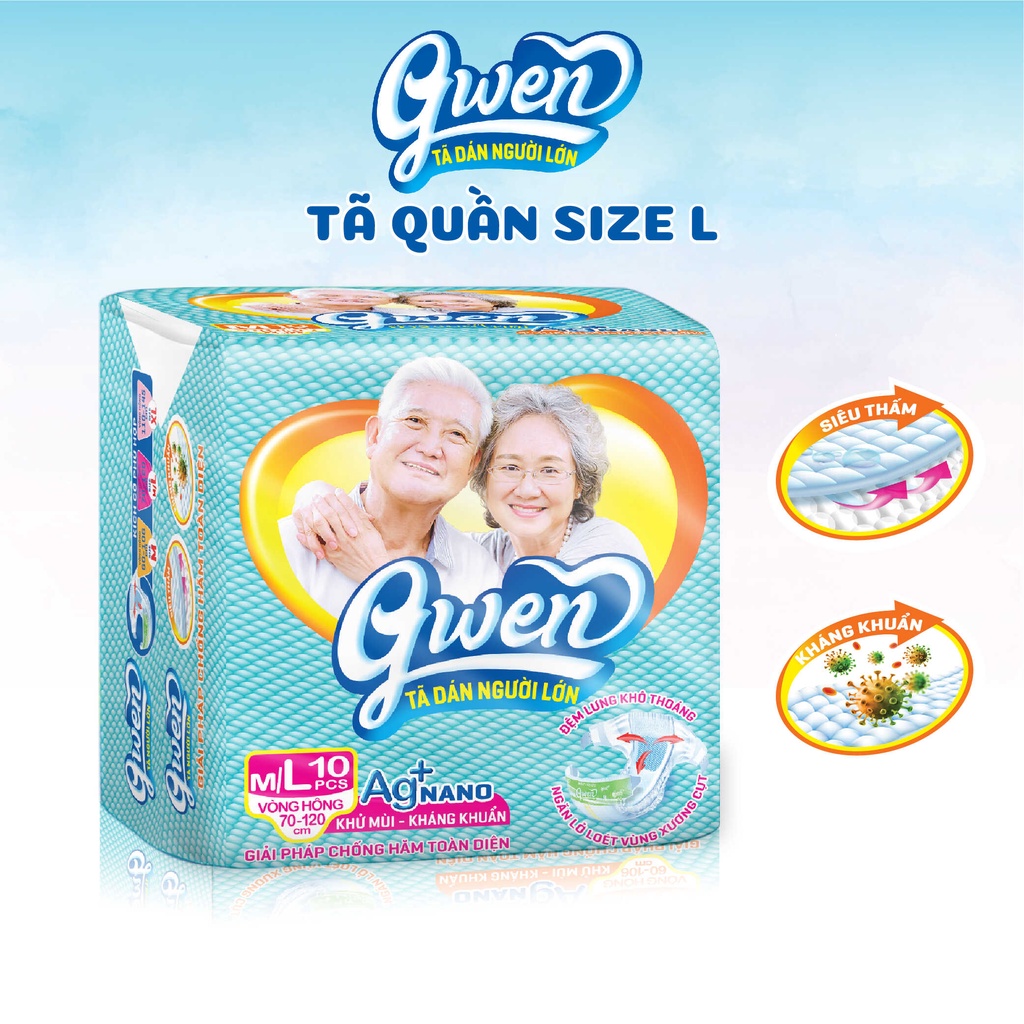 Tã Dán Người Lớn Gwen Size M/L 10 Miếng. Bỉm dán người già Nyna siêu thấm. Tả dán, tả giấy cho người ốm, bệnh.